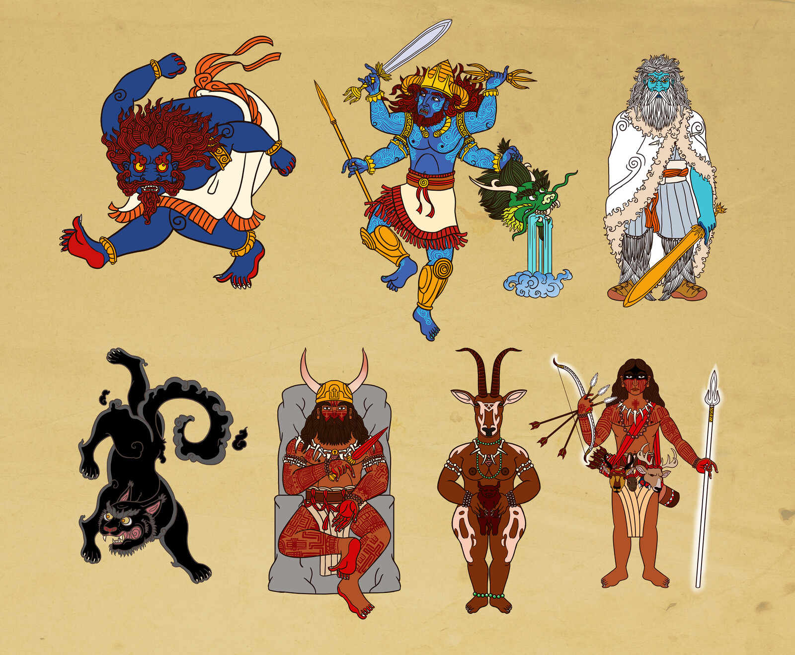 Depicted from top to bottom and left to right: Umath, Orlanth, Valind, Yinkin, Waha the Butcher, Eiritha the Herd Mother, Foundchild
