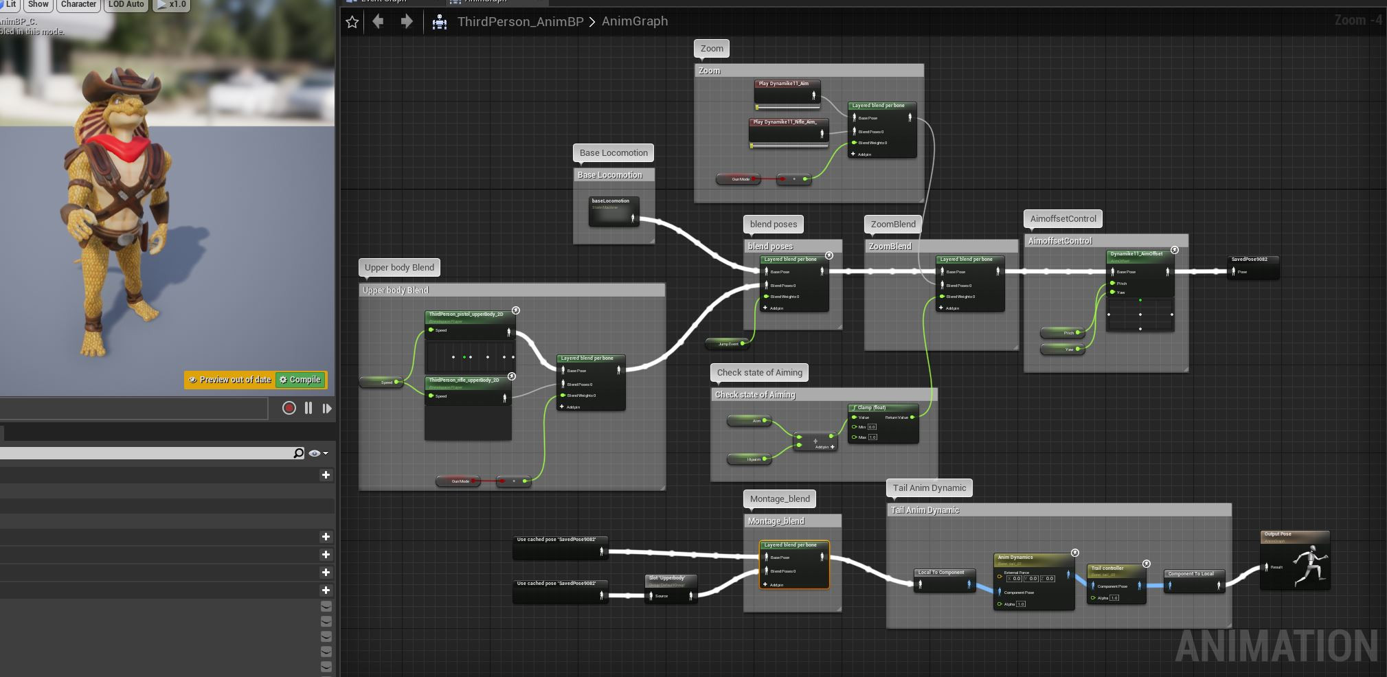 Anim Blueprint, Blending Graph featuring IK tail, blend upper and lower body, aim offset, and aim Offset 3D.