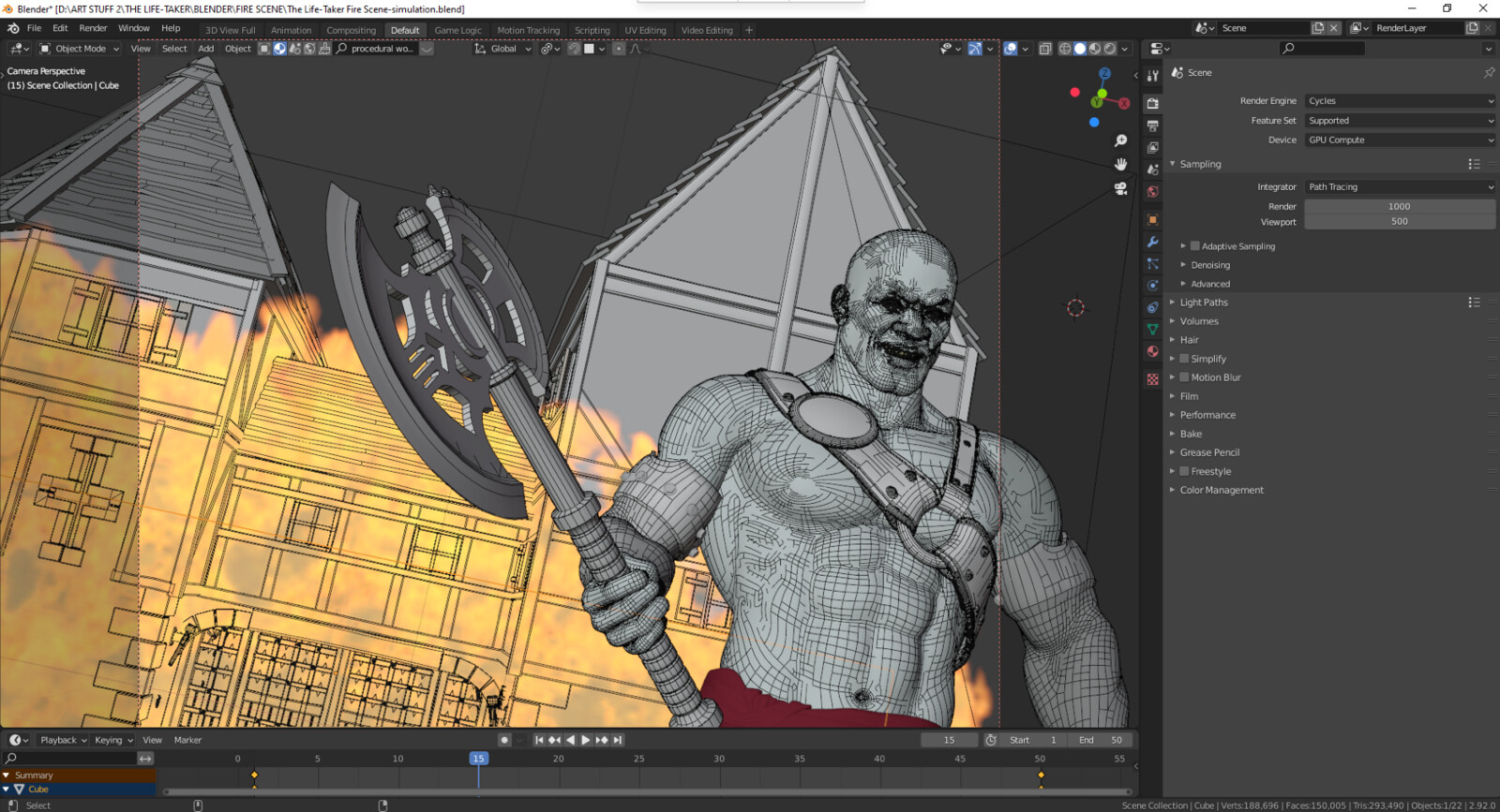 Behind the scenes in Blender. I had to make the glowing ember particle system in another file.