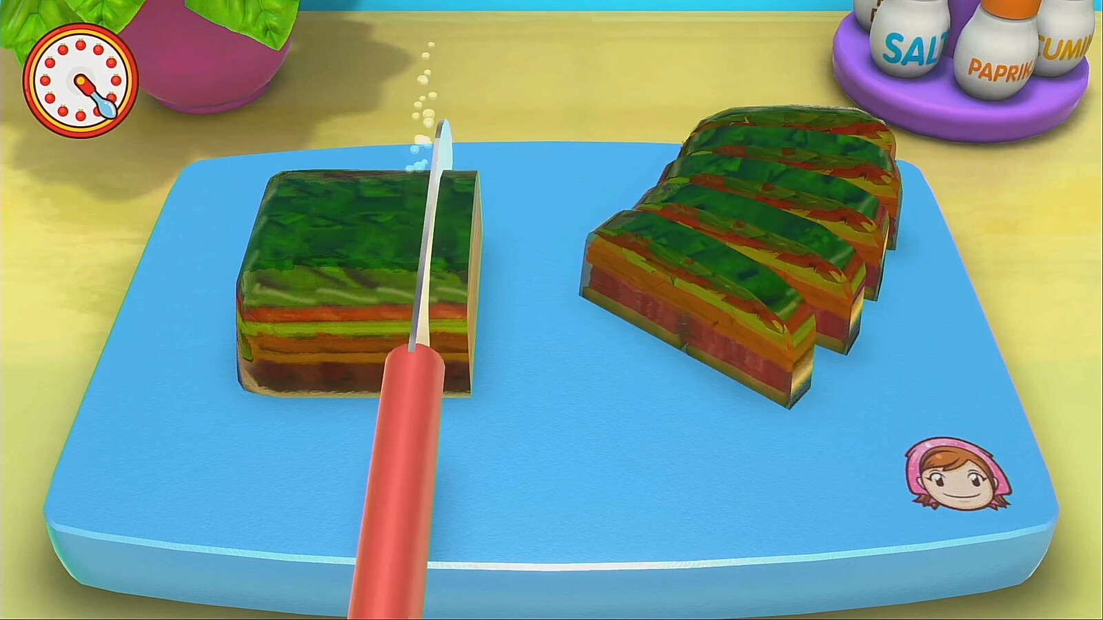 I made this Terrine asset of sliced veggies suspended in gelatin, including the interiors. This includes models, textures, and materials. Seen in the slicing minigame and later in the final presentation.