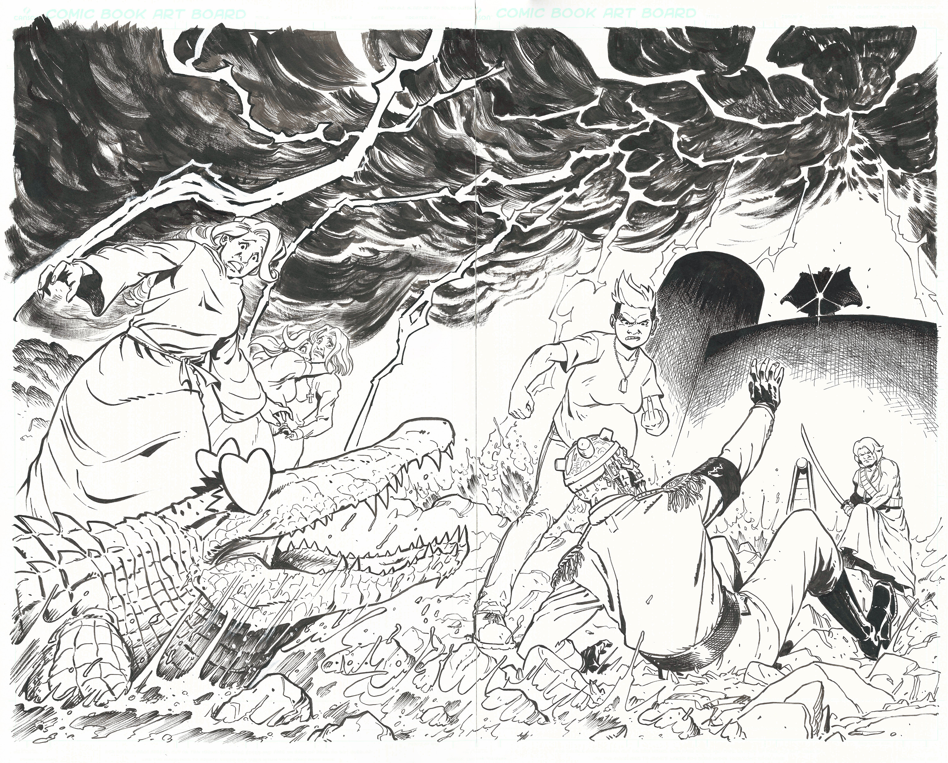 Unclean scan of the traditional inks on 2 comic books pages.