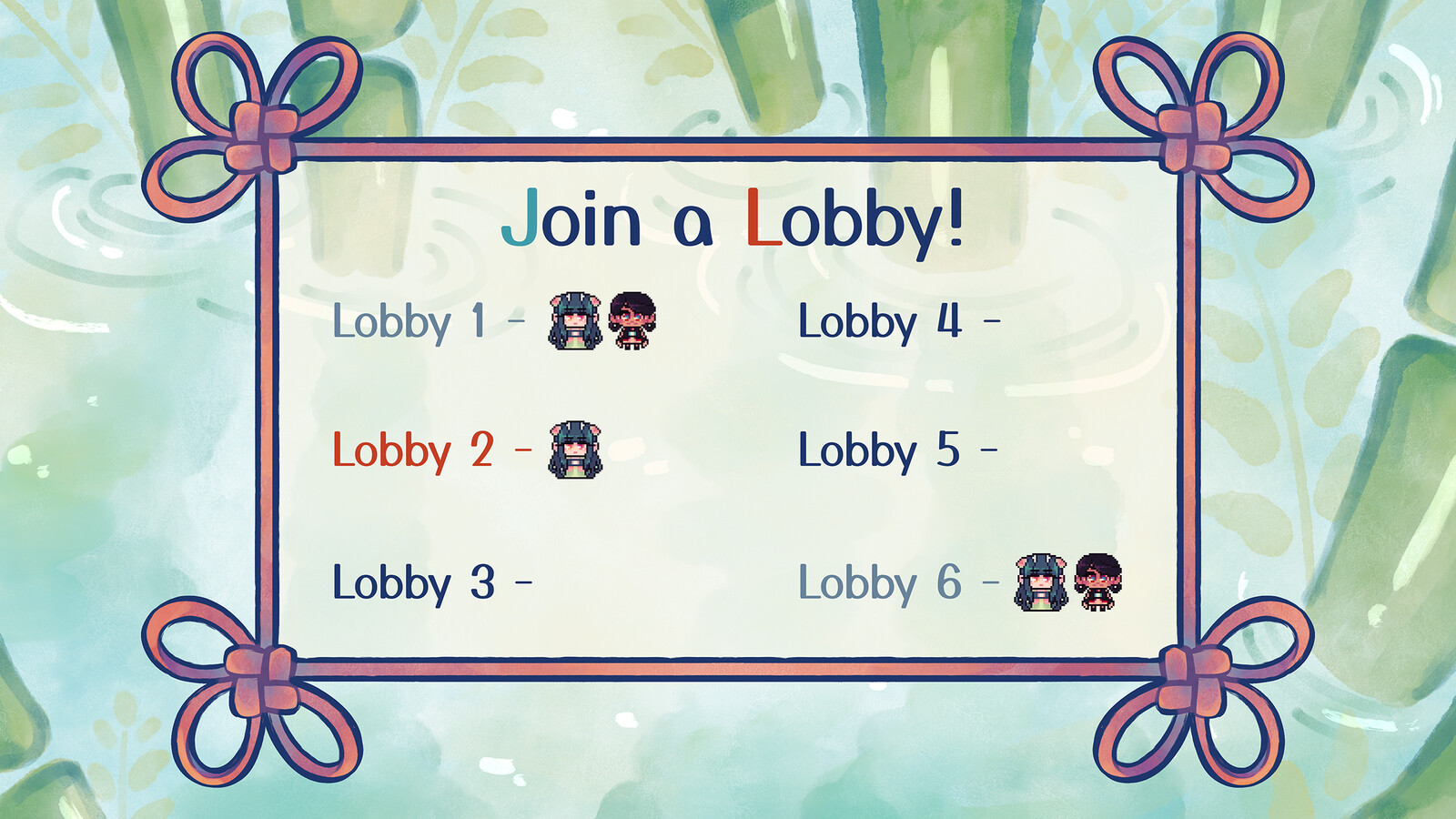 Lobby screen, reusing assets from cut top-down pixel sprites