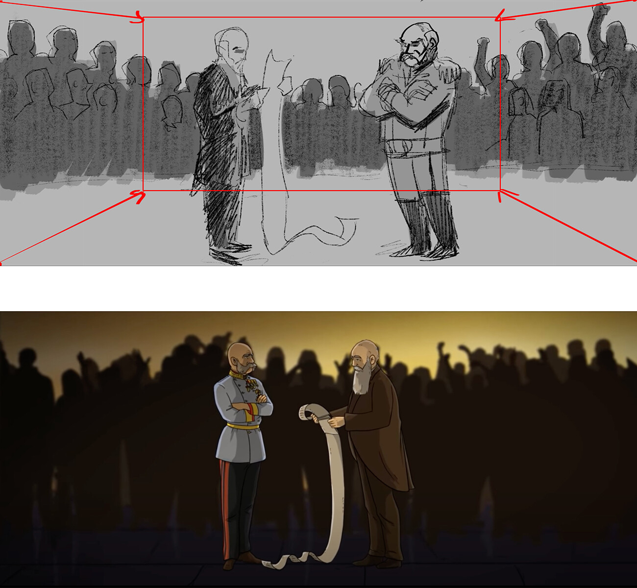 Comparison shot of my storyboards and screenshot of the final art put together by the phenomenal Illustration and Animation teams.