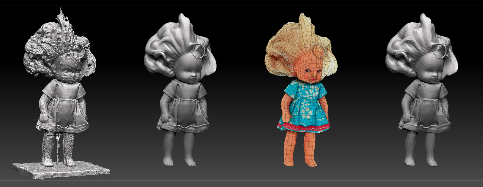 from left to right : Scan - sculpted details back and clean up the mesh - retopo model - final model