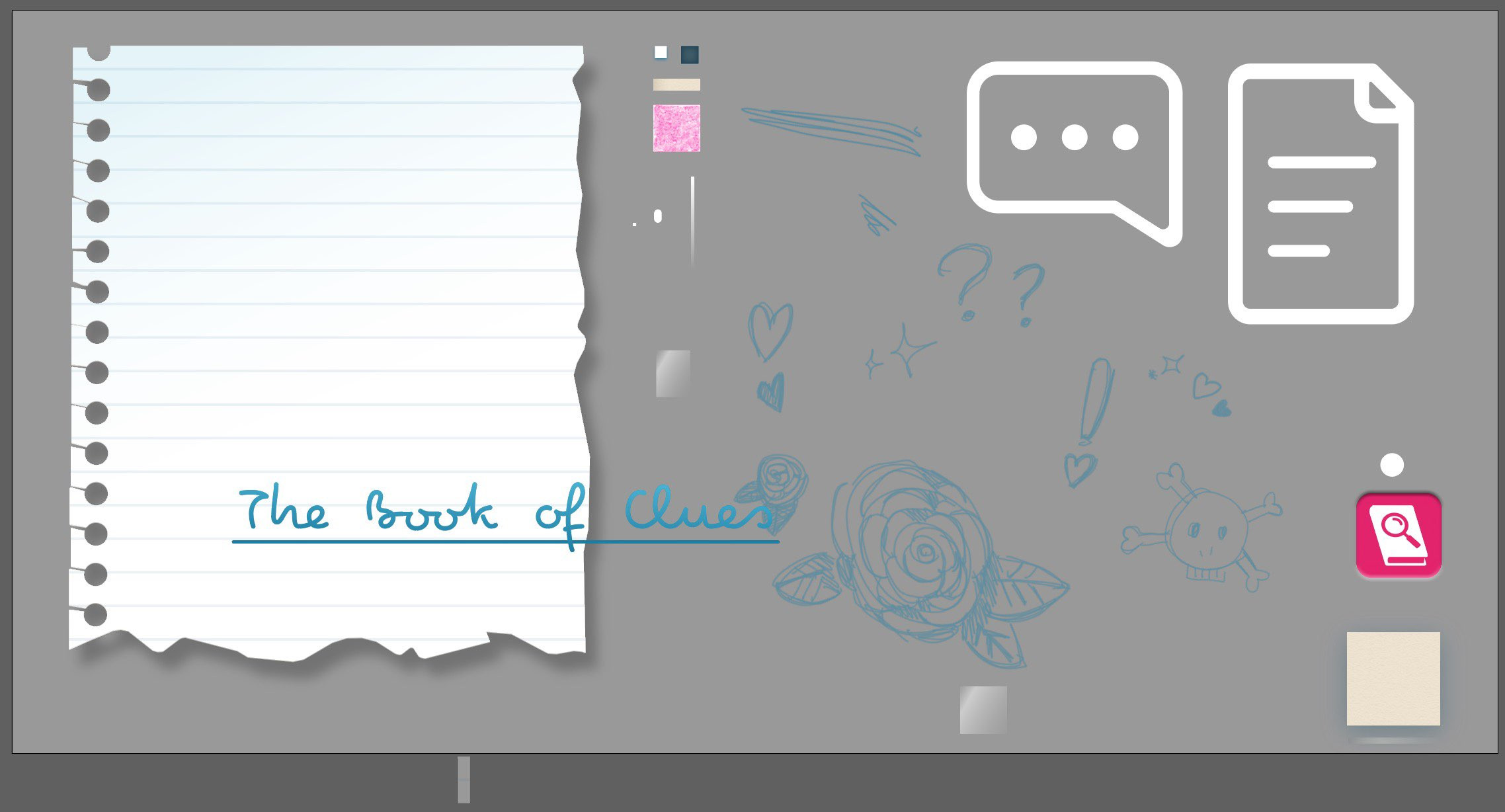 All sprites that have been exported for the creation of the inventory/notebook screens in Unity. I focus on scaling, exporting and reusing sprites in a sensible way to optimise the UI for mobile devices.