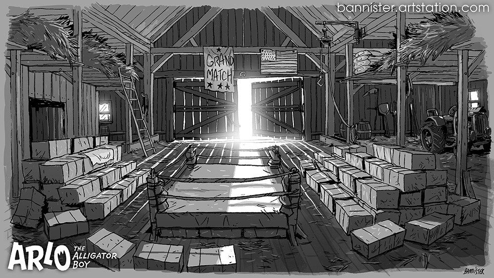 The amazing wrestle sequence in the movie is set in a barn.
They did a spectacular job on this one. So fun!
Here's the concept art I did for it.