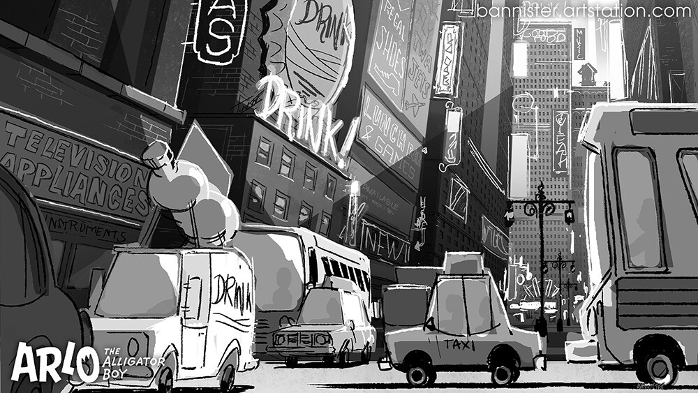 A second version of that NYC street.
Less painted, a bit more detailed in the facades and signs,
and a bit more sharp in the energy.
Going for a '70s vibe, as asked by production, which is a fantastic era to illustrate.
I loved it.