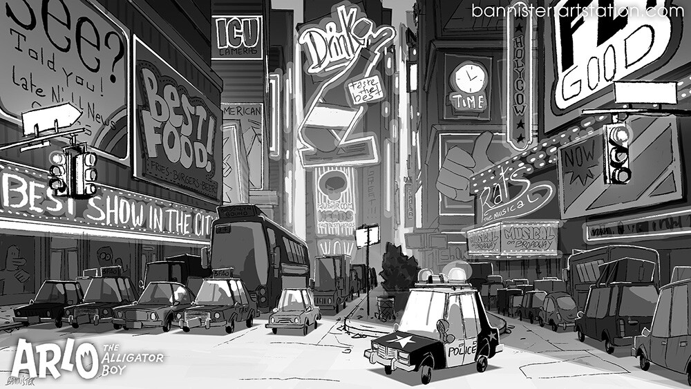 A view of a '70s era Time Square with a lot of made up signs for brands and shows.
Doing fake ads and signs is really fun to do,
you get to put any wordplay and pun as you want.
Very satisfying. ^^