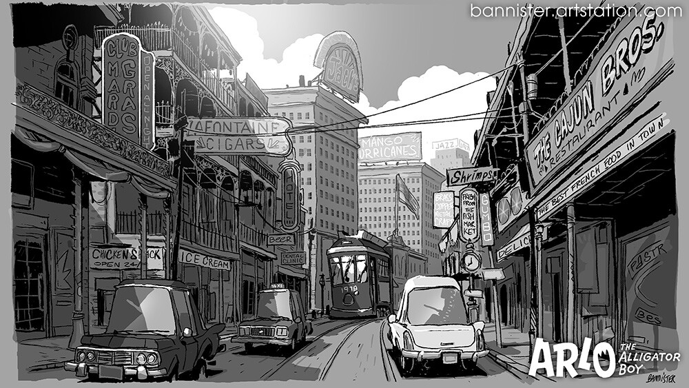 New Orleans street I had tremendous fun working on.
I admit I was a bit scared at first but it went smoothly and it's been very nice to work on all these cultural details and lively mood.