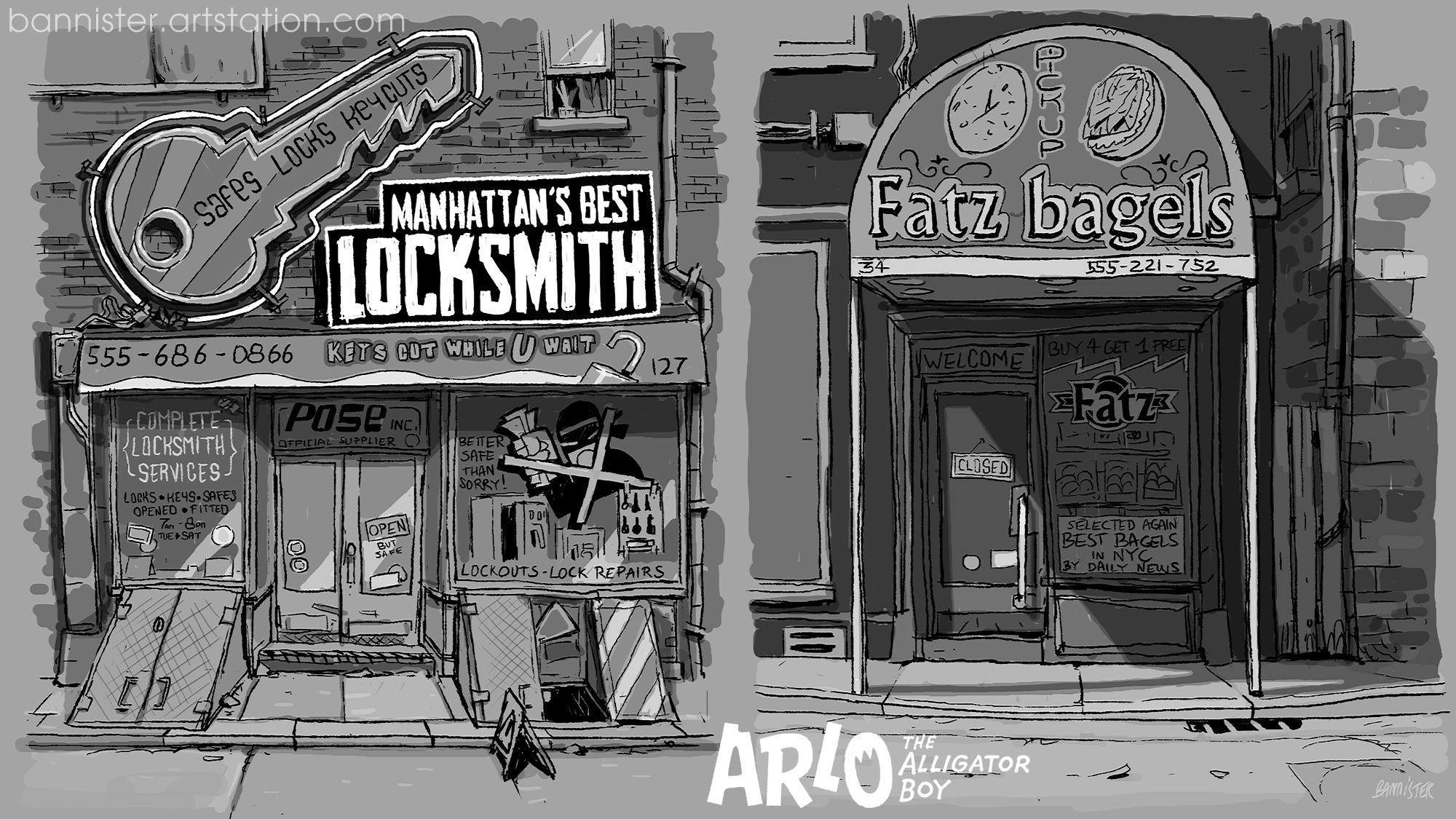 Old school Locksmith storefront and the uber famous NYC Fatz Bagels shop front,
tiny hidden bagel shop way down on 34thW.
Who's up for an everything with cream cheese and lox?