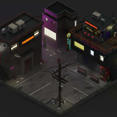Isometric Cyberpunk Street Scene