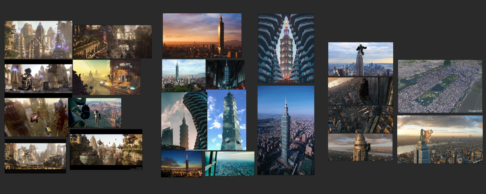 Our inspirations. On the left, you can see some pics from the trailer of Beyond Good and Evil 2. On the middle, there are some pictures of Taiwan and the famous tower Taipei 101. On the right, some inspirations of the Movie King Kong and New York.