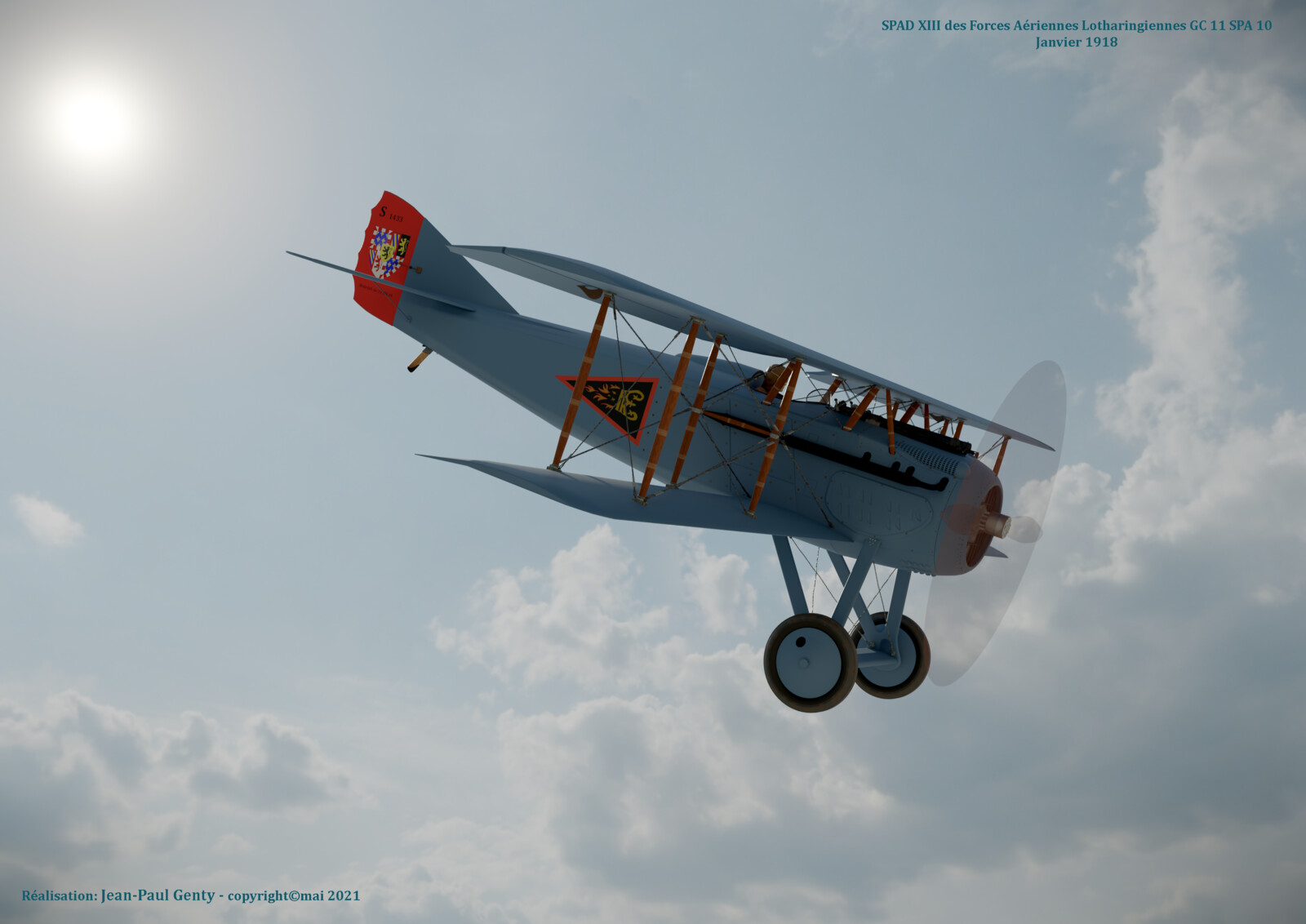 SPAD XIII Forces Aèriennes Lotharingiennes GC 11 SPA 10 - Janvier 1918 - Escadron de chasse de jour
SPAD XIII of the Lotharingian air forces - Fighter squadron -SPA 10 - January 1918
Made with Blender 2.92 
