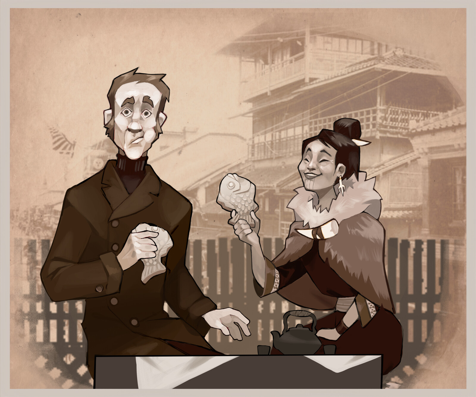 Argyle Finch and Captain Myra enjoy a dessert together in Kamogawa Japan, c.1881)