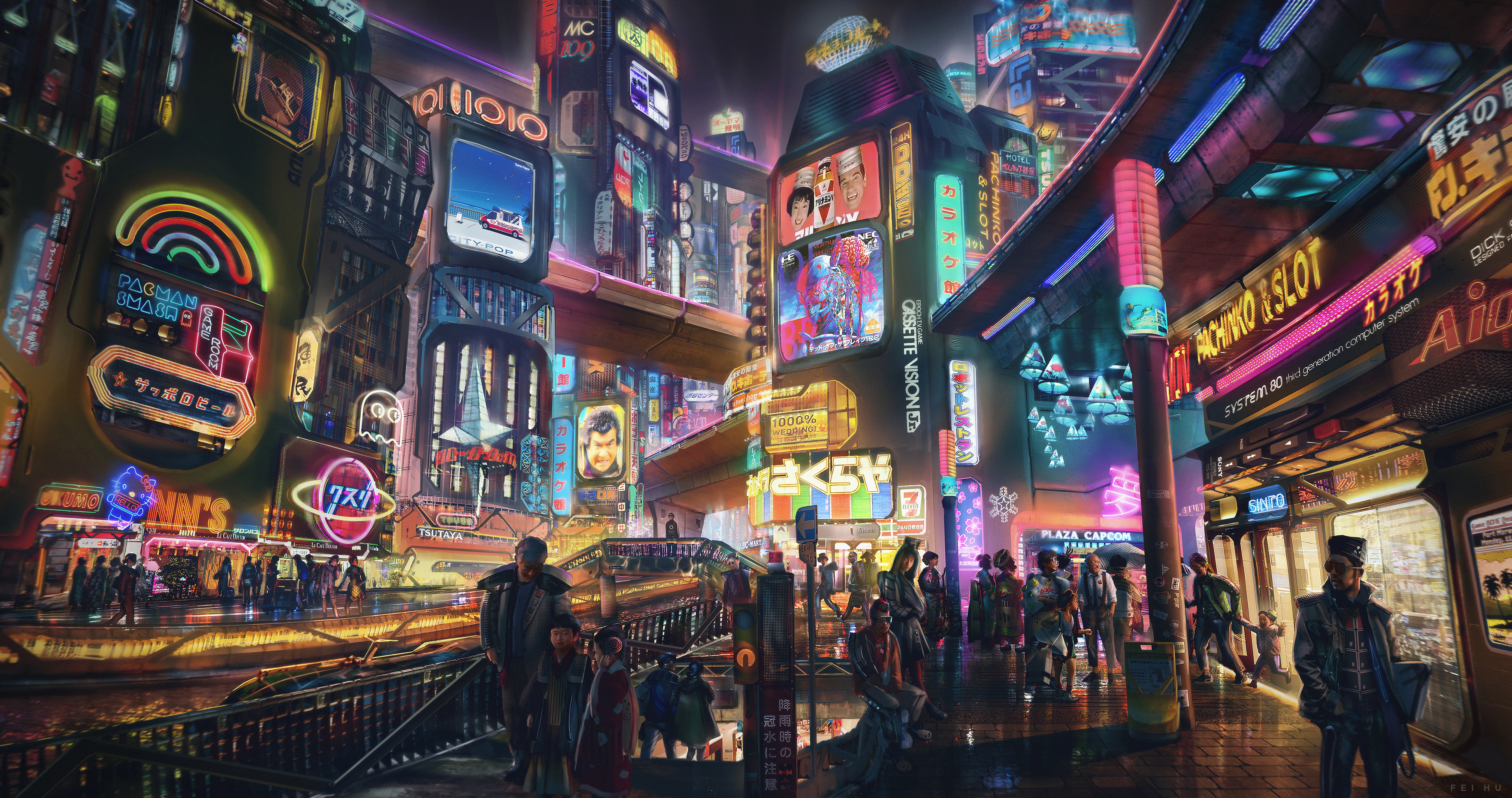 Night life of the alternate 80s central Tokyo with an abundance of neon lights