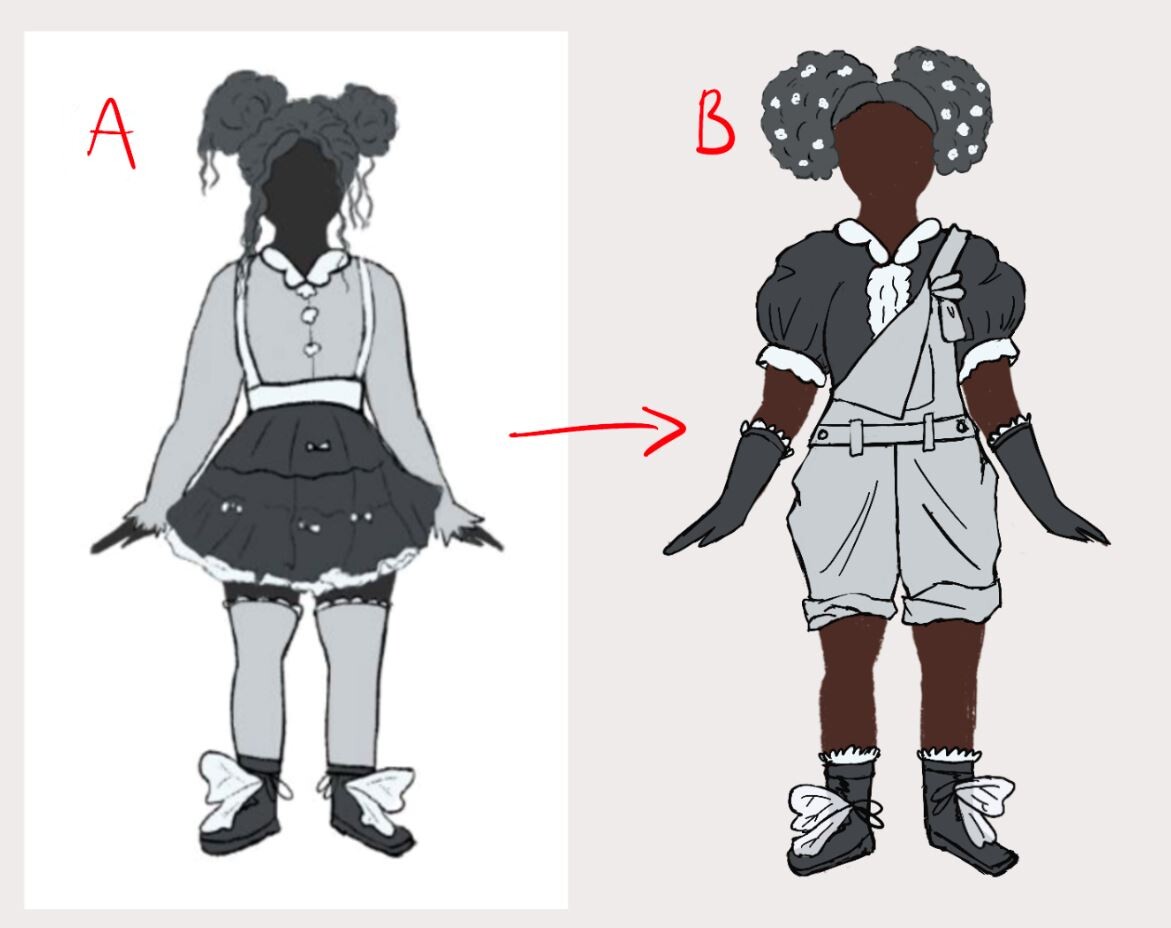 Initial human outfit concept vs. the chosen final concept. 