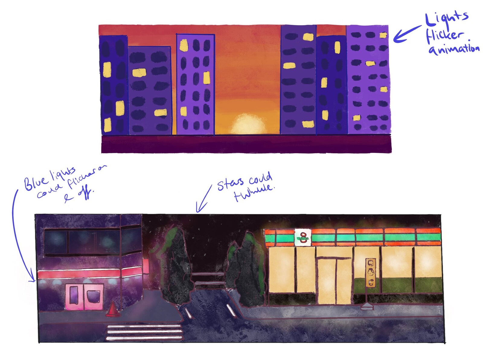 The incorporation of colour into the rough sketch. I wanted to replicate the bright neon lights that Tōkyō is famous for! I experimented with a high rise city background, but decided that a city street would be more effective. 