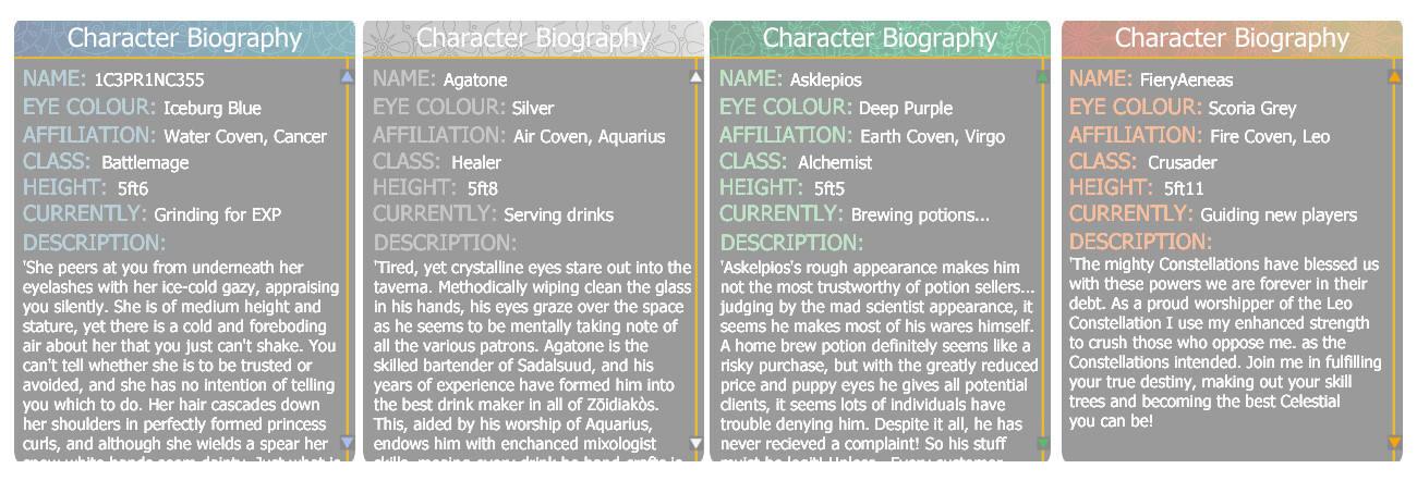 Final versions of the Character Description UI. These pop up in game when clicking on characters, allowing the player to learn more about the RP biographies of other 'players'. Made to replicate other MMOs such as WoW.