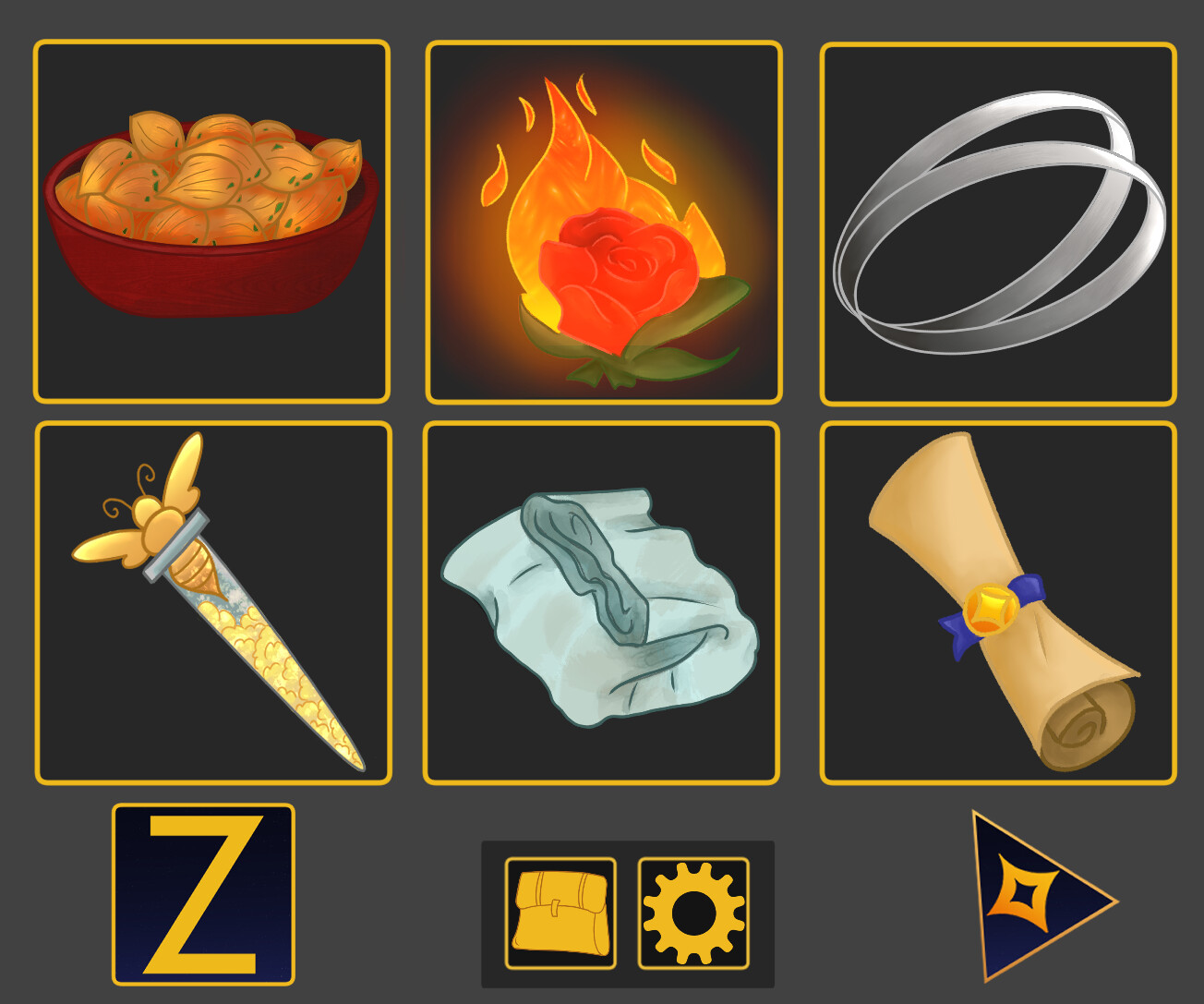 Inventory icons. Below is the Game Logo, Inventory and Settings Mini-icons, and Cursor. 