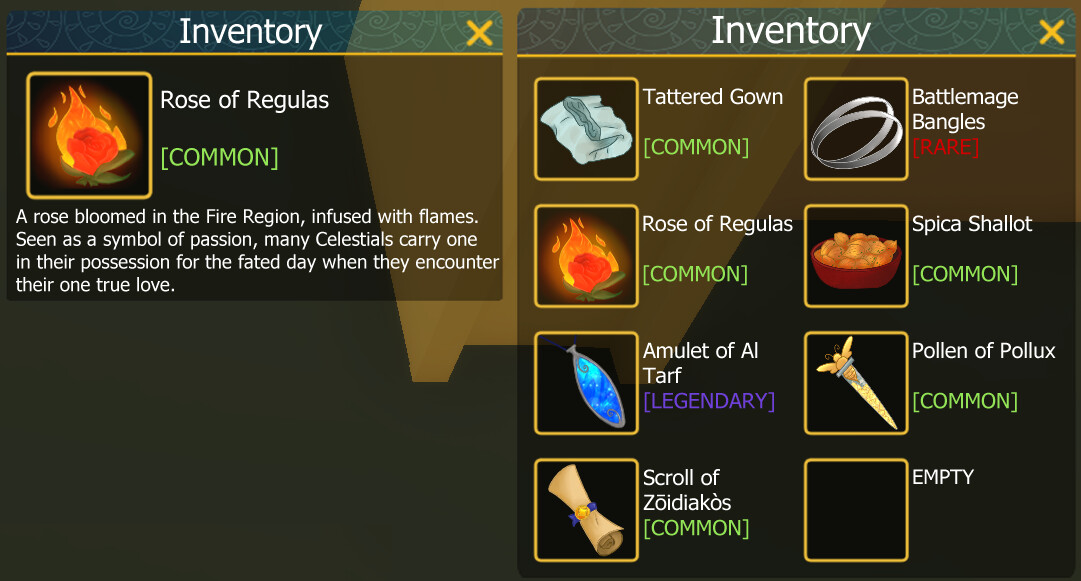 Rose of Regulas Item with description written by myself, as it would appear in game. 