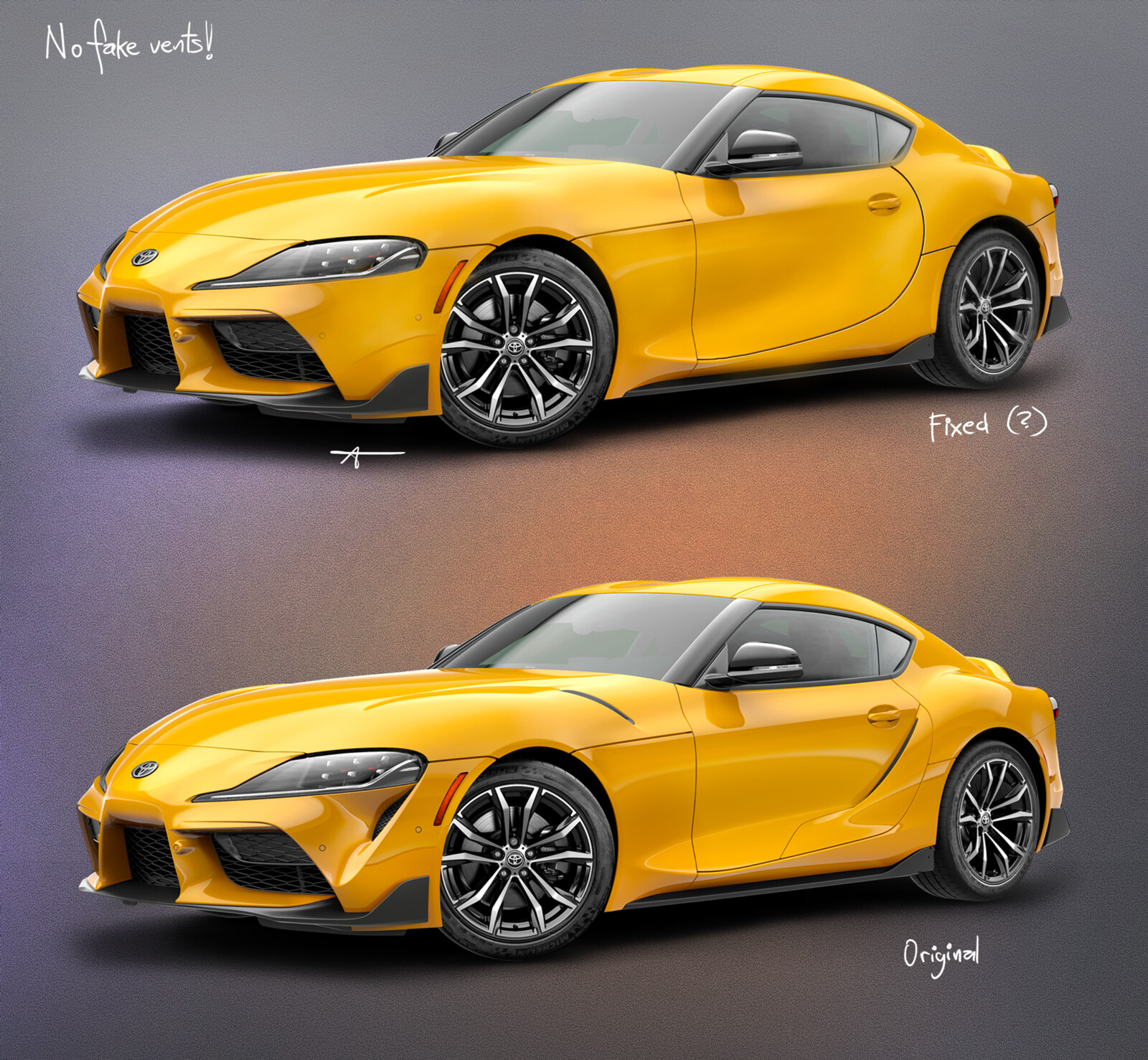 Toyota Supra without most fake vents, made in Procreate.