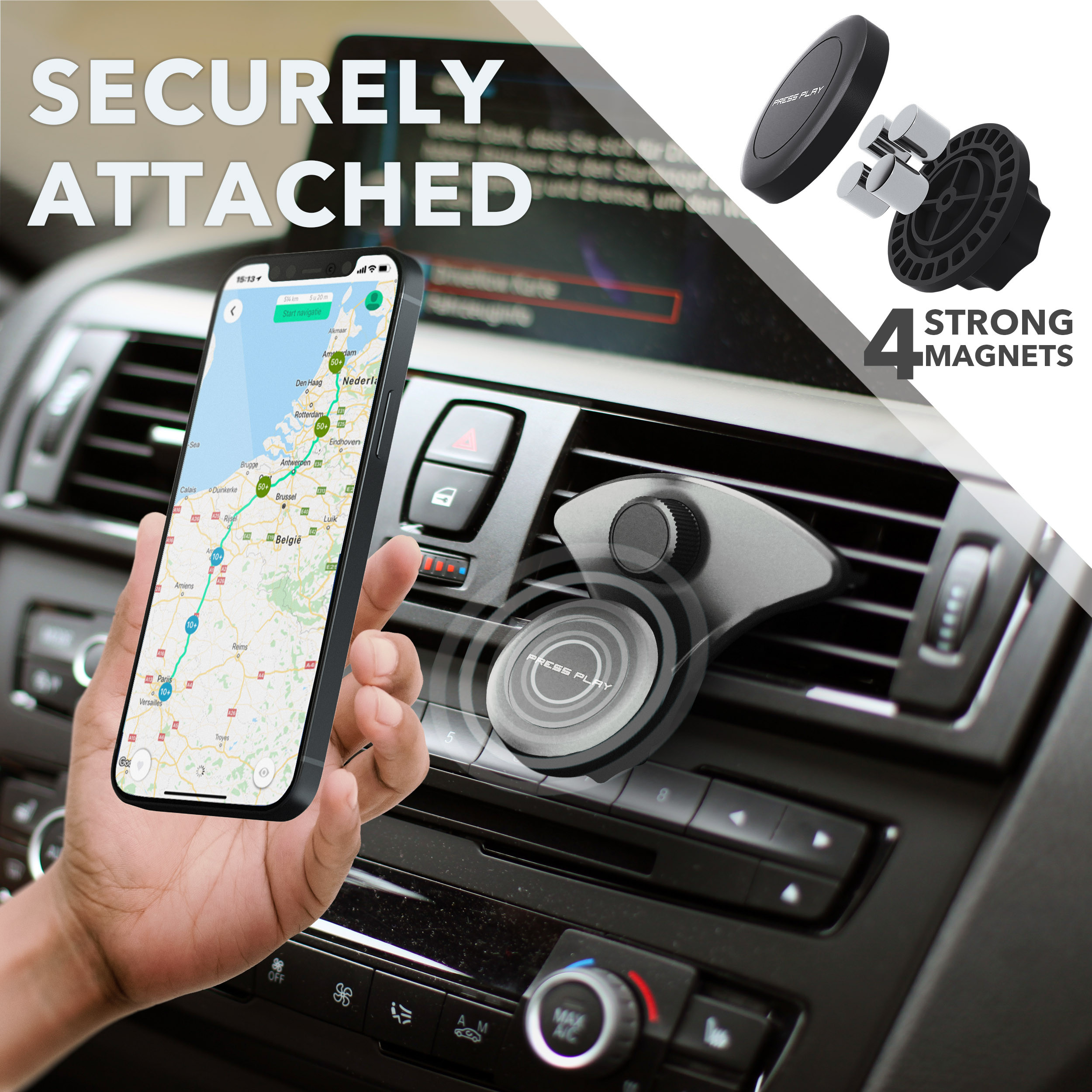 Phone mount using strong magnet system.
The mount slides easily onto horizontal and vertical slats and have a clamp grips for a secure hold. This magnetic mount never budges when pulling off the phone.