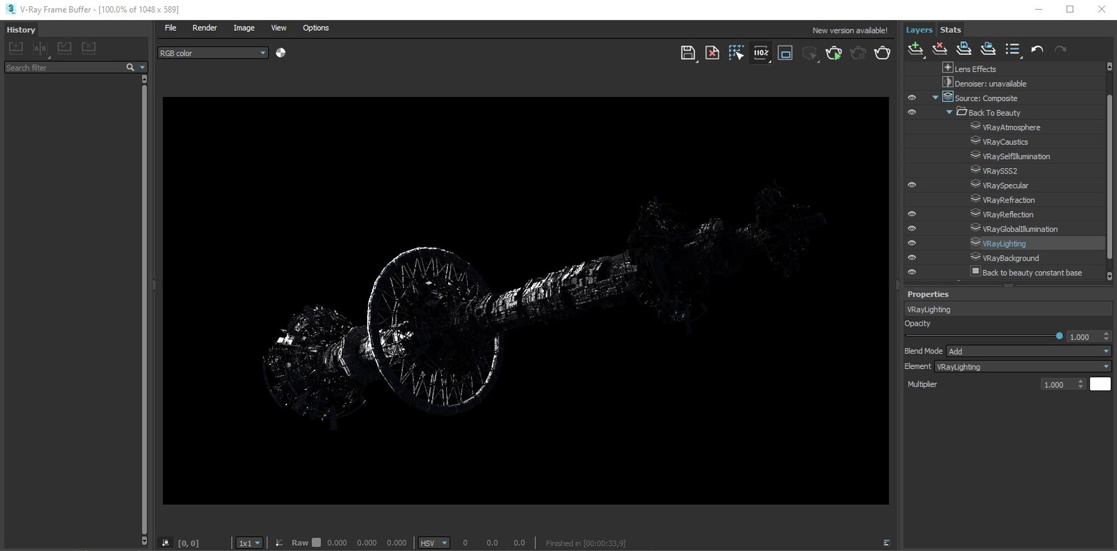 Playing with the V-ray interactive render view and the channels.