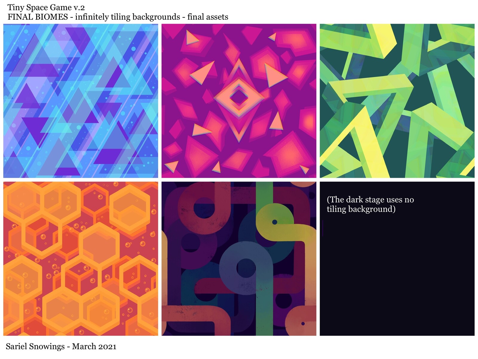 Final backgrounds for the 5 (+1) levels. Unlike the prototype, which used manually-created levels, these are infinitely tiling backgrounds, which allows for random generation of levels and is more efficient for both the artist and the developer.