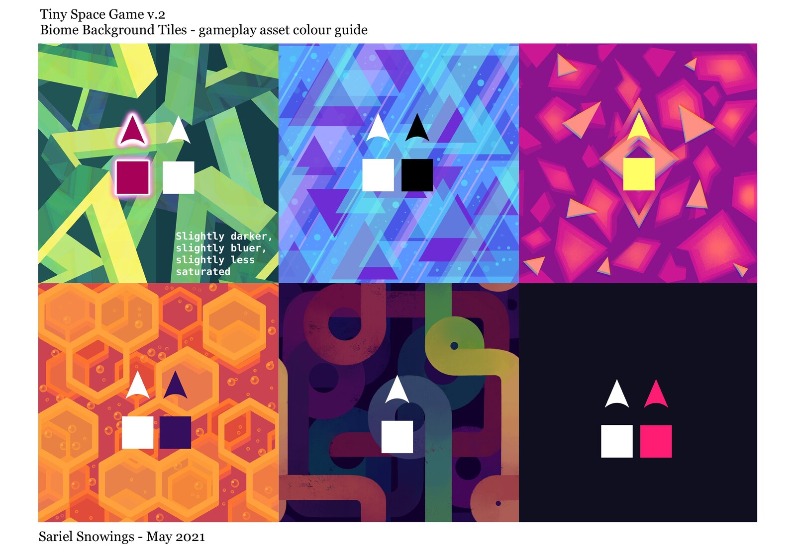 Concept art: Colour palette for foreground/gameplay elements on each level.