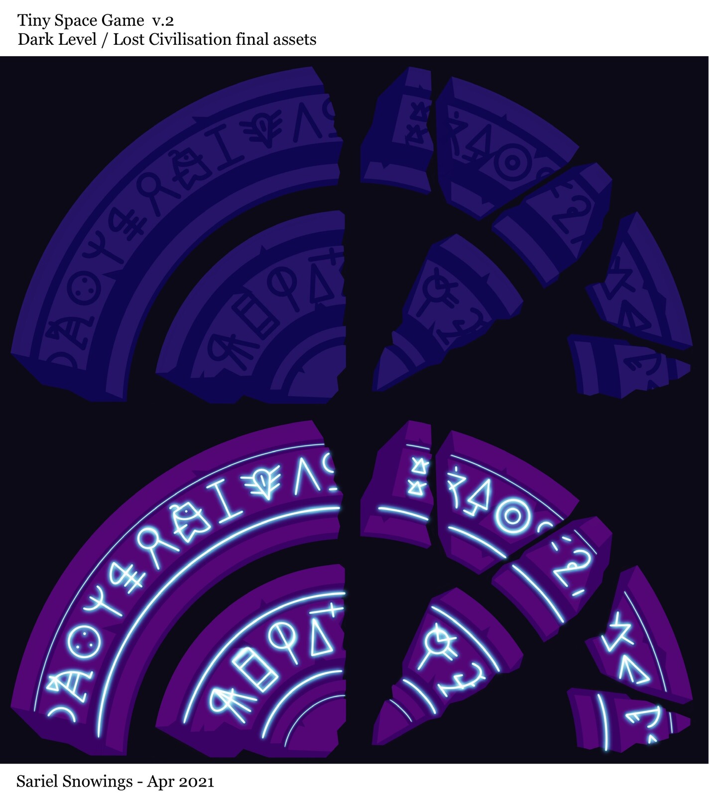 Final 2D assets for the Lost Civilization level (the ruins). The alien writing is based off of the ancient and as of yet undeciphered "Linear A" script.
