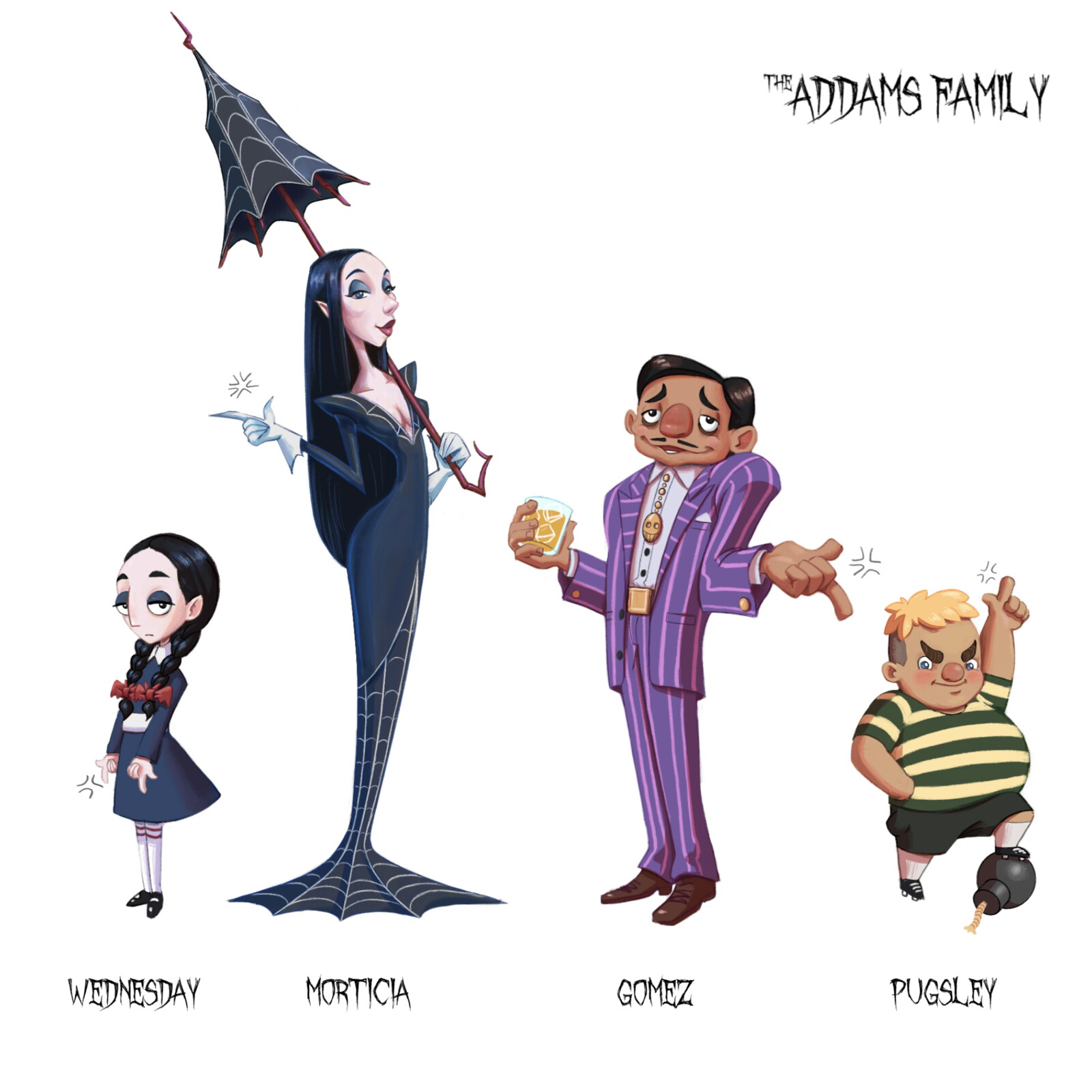 Wednesday, Morticia, Gomez and Pugsley Redesigns