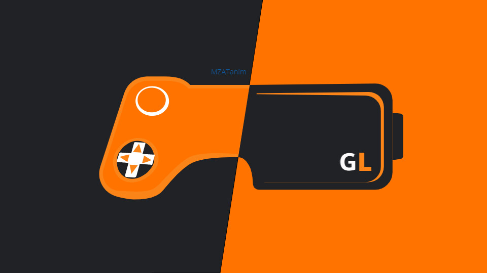 Concept 1 - version 1: Gaming Console on the left with VR headset on the right with the Hanze UAS color scheme. This is to portray technologies used in Game Lab.