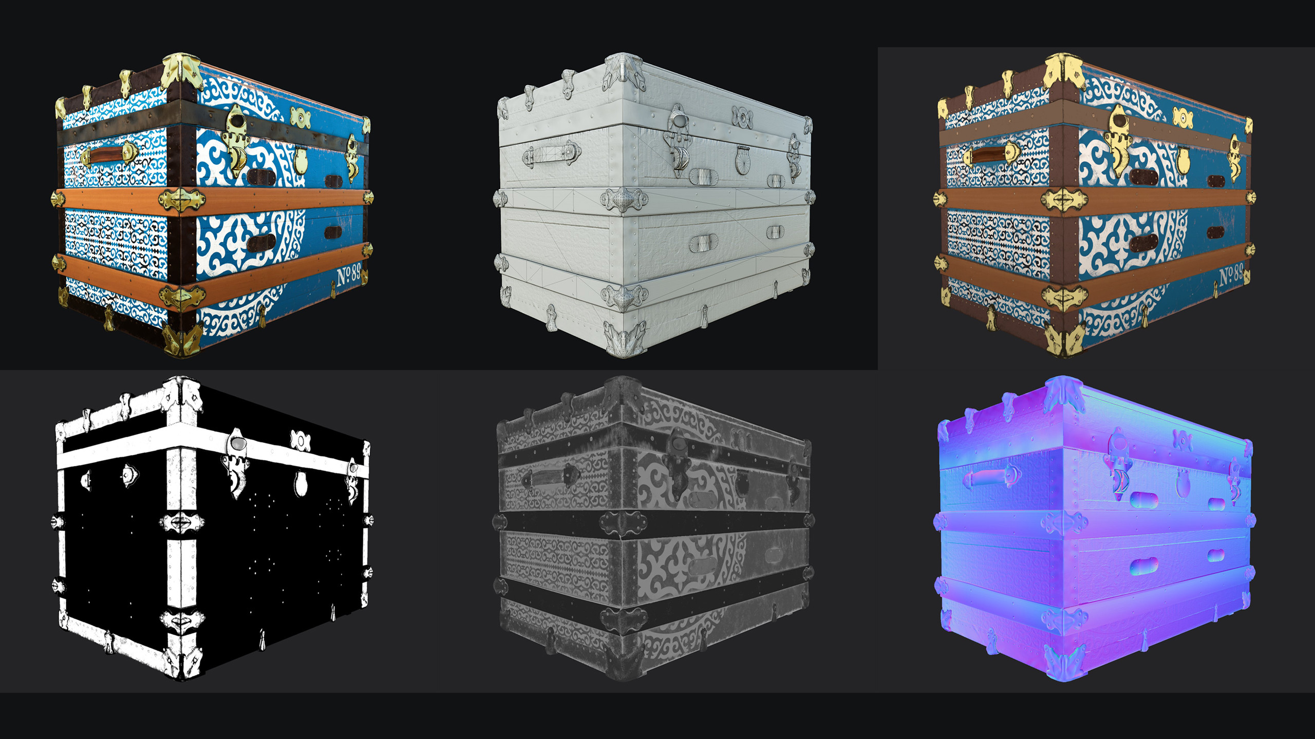 1-MATERIAL, 2-WIREFRAME, 3-BASE COLOR, 4-METALIC, 5-ROUGHNESS, 6-HEIGHT AND NORMALS