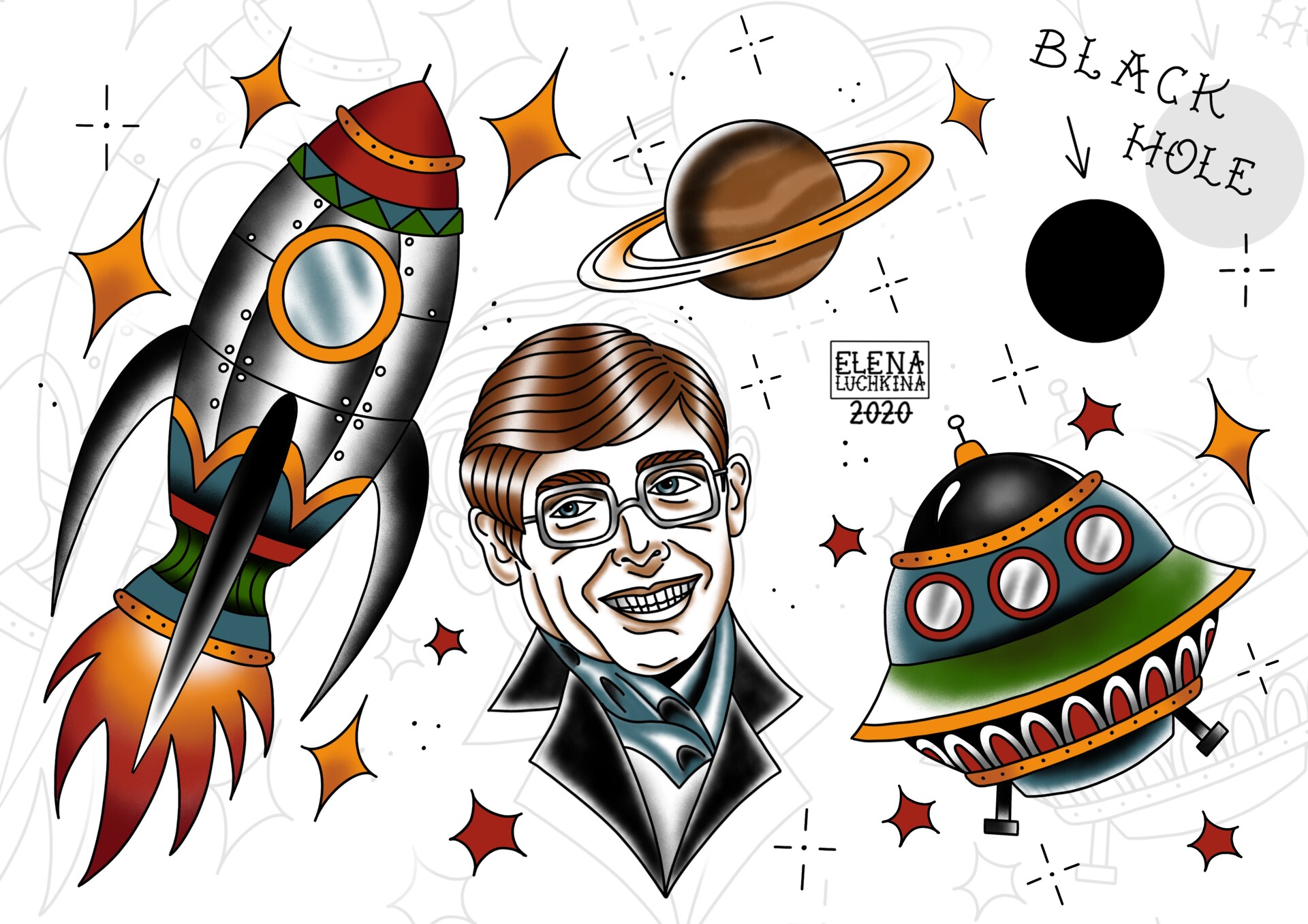 ArtStation Old School space flash sheet tattoo design