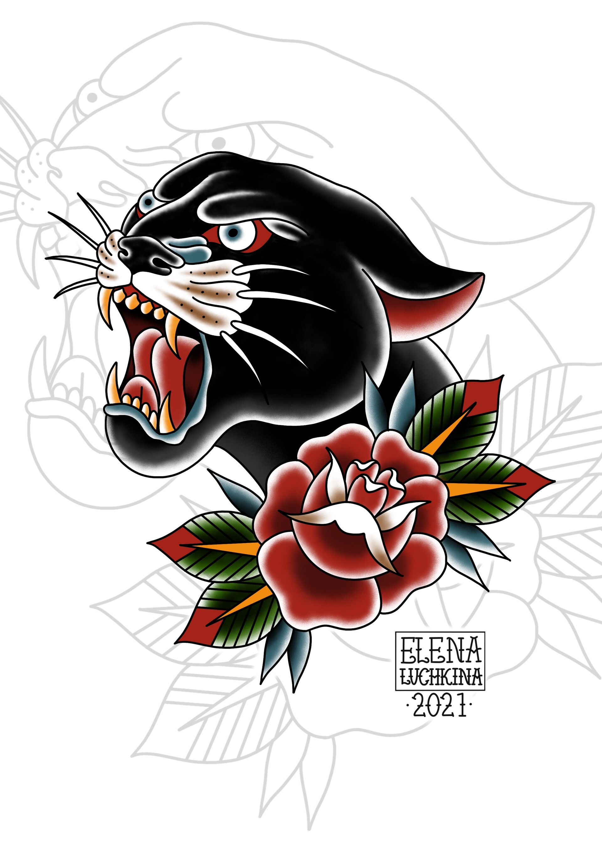 ArtStation - Old School panther and rose tattoo design