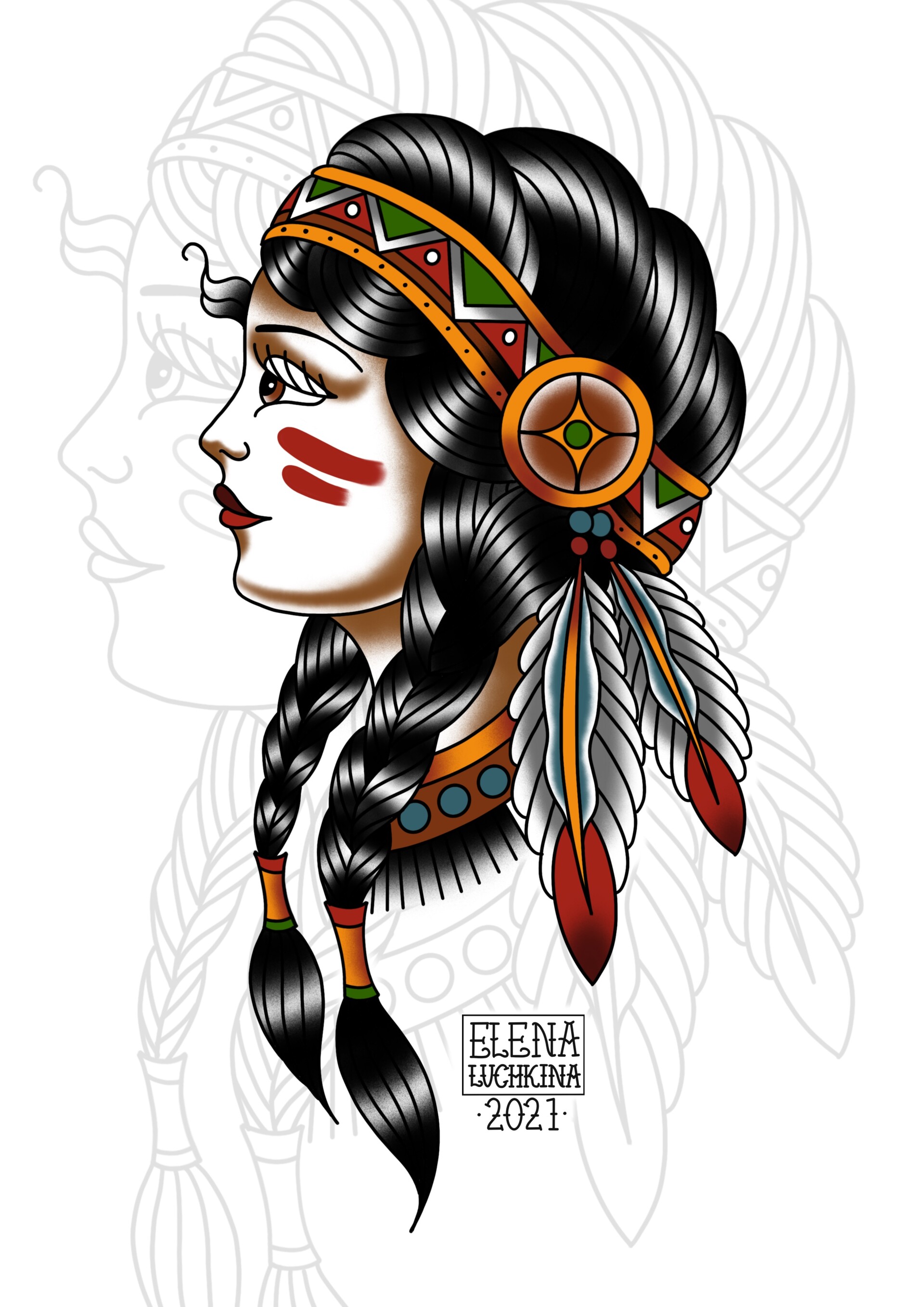 ArtStation - Old School native american girl tattoo design
