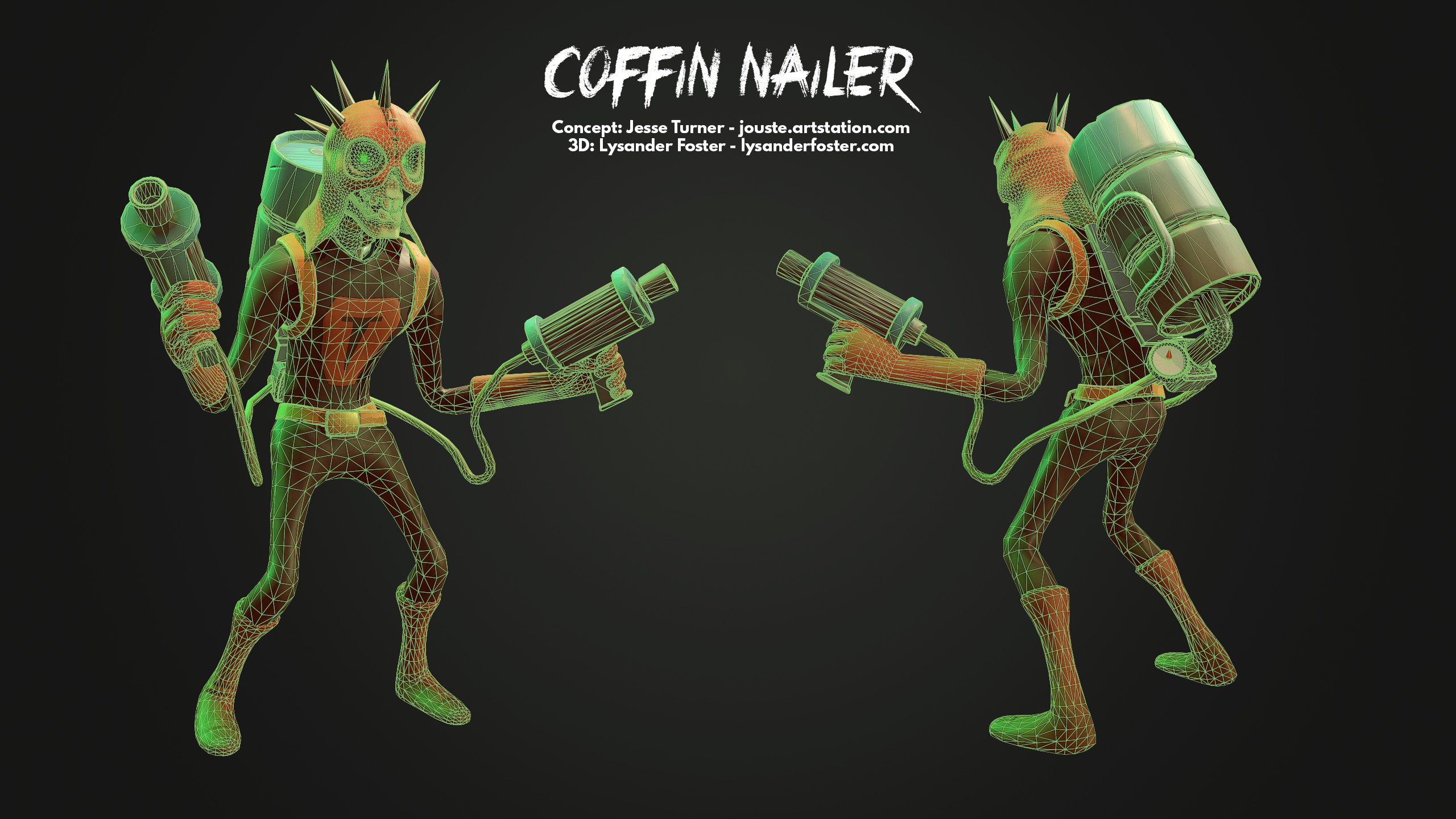 Wireframe of the Nailer himself, posed with his backpack using a modified CAT rig with 2 extra tails to link the pistols.