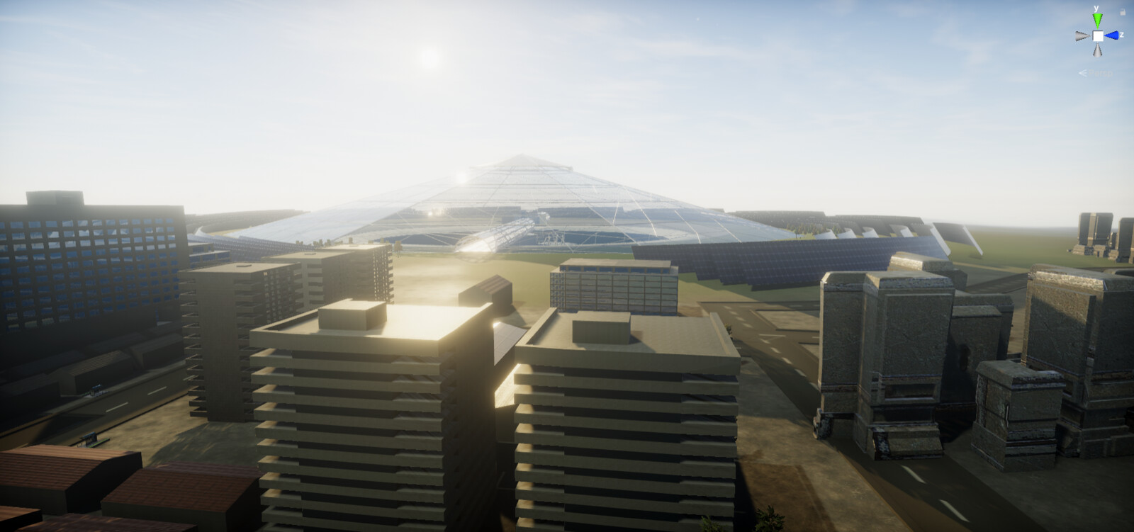 The buildings surrounding the dome - Unity screenshot.