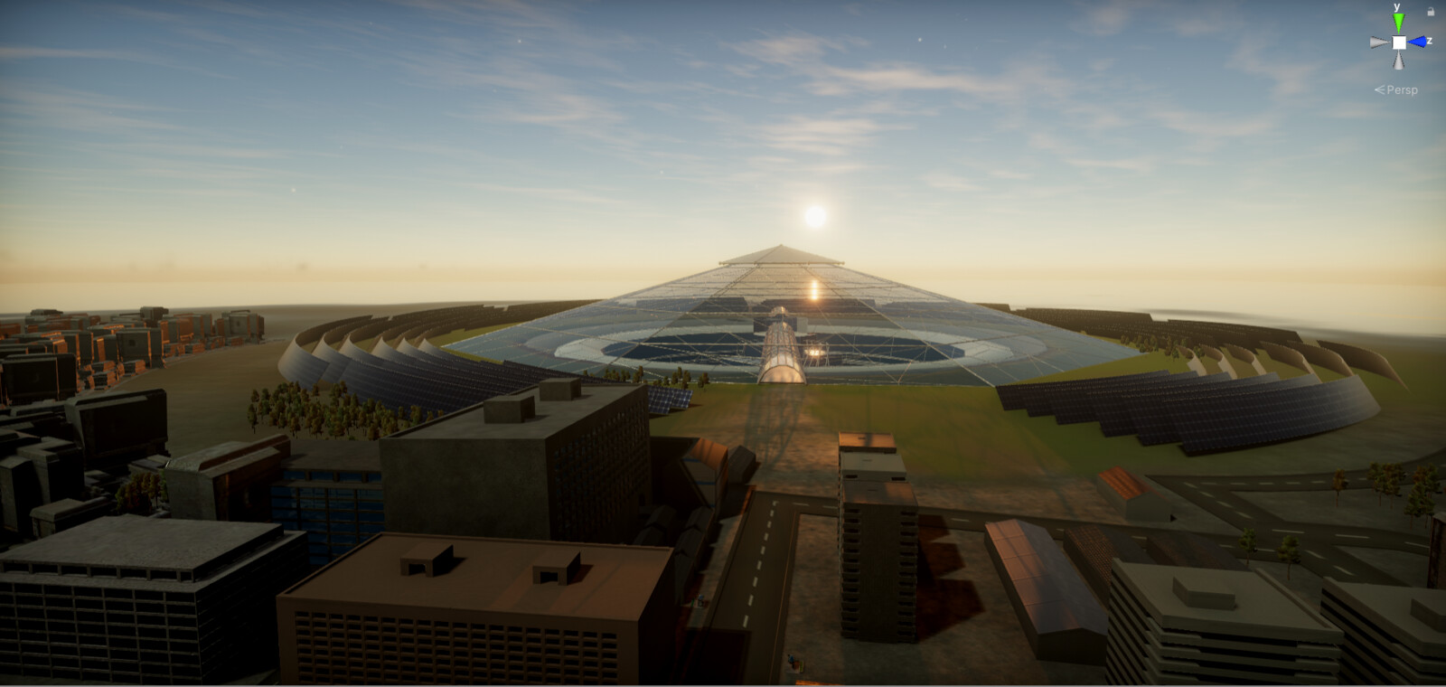The dome and city with the sun setting - Unity screenshot
