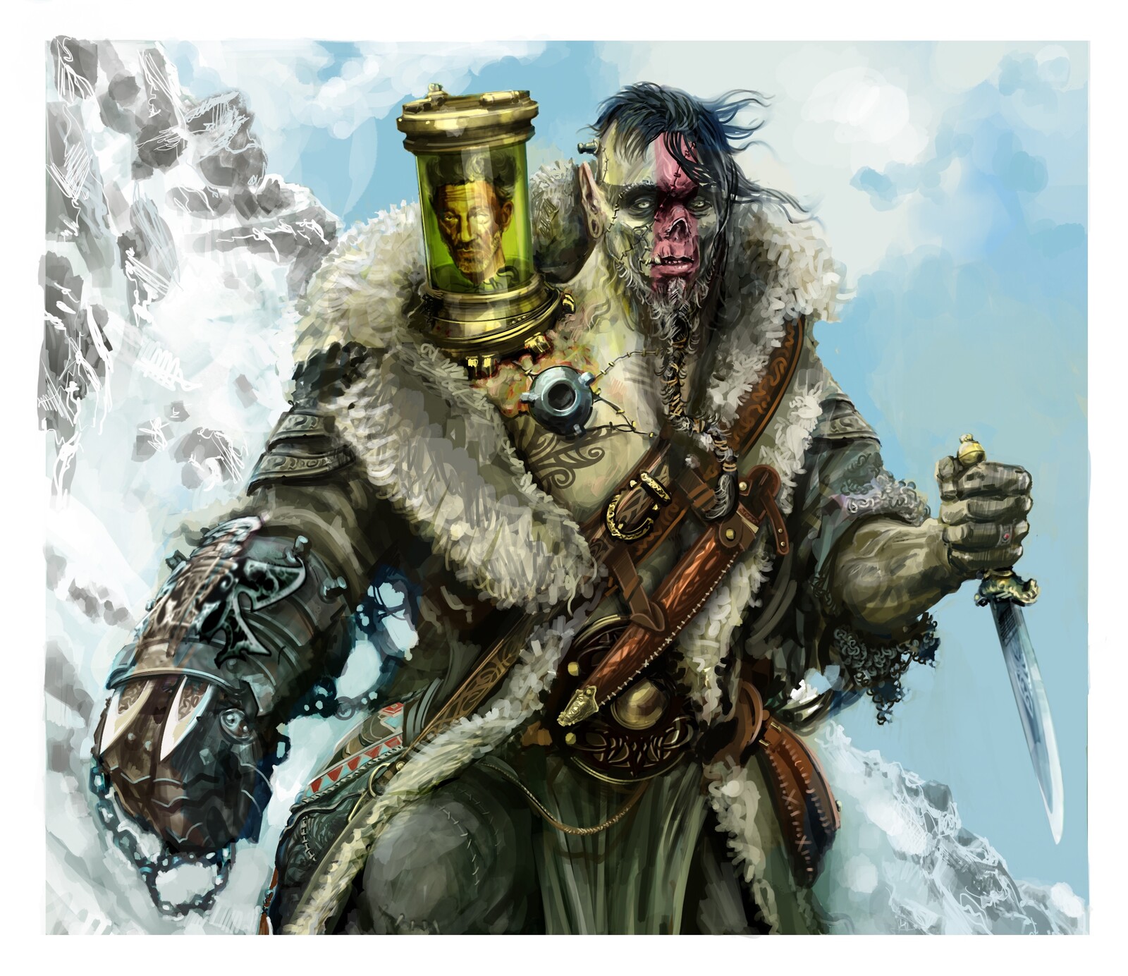 Wegrim Godzelum: “A Ranger Reborn” …a character piece I’m working on, an Ettin “Reborn” character, who has had work done on him by a cult of Kenku Body Snatchers, he carries a range of heads in jars in his bag of holding that each augments his abilities
