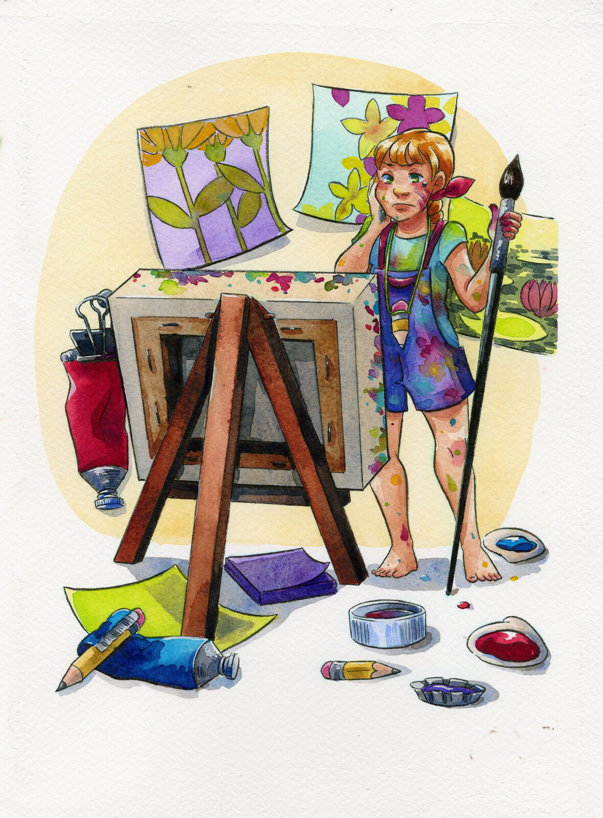 Watercolor illustration of an artist in her studio.  Painted on Stonehenge Aqua coldpress watercolor paper with SuperVision watercolors.