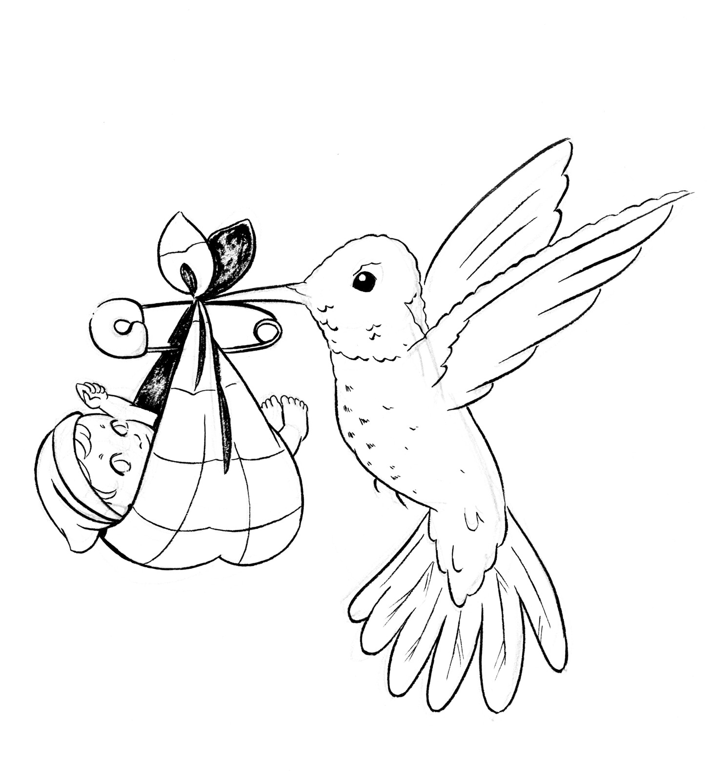 Inked illustration of a hummingbird delivering a newbory Lilliputian. 