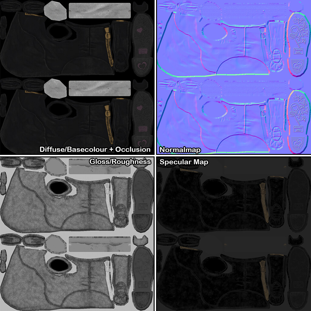 Clean versions of the textures created for the model (Metalness present but not included). The white strips on the top are for socks that were modelled on the FO76 version of the mesh. They are omitted in other versions.