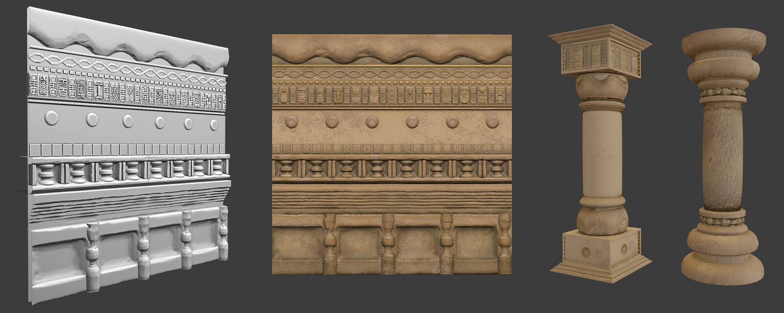 WIP#02
I did the base materials of all the project, divided my scene in 2 type of Master Materials:
-Ornamental (TrimSheet)
-Sand and Stones (Unreal Material with masked textures done in substance)
more: https://www.artstation.com/rodrigocascas/blog/4YMa/