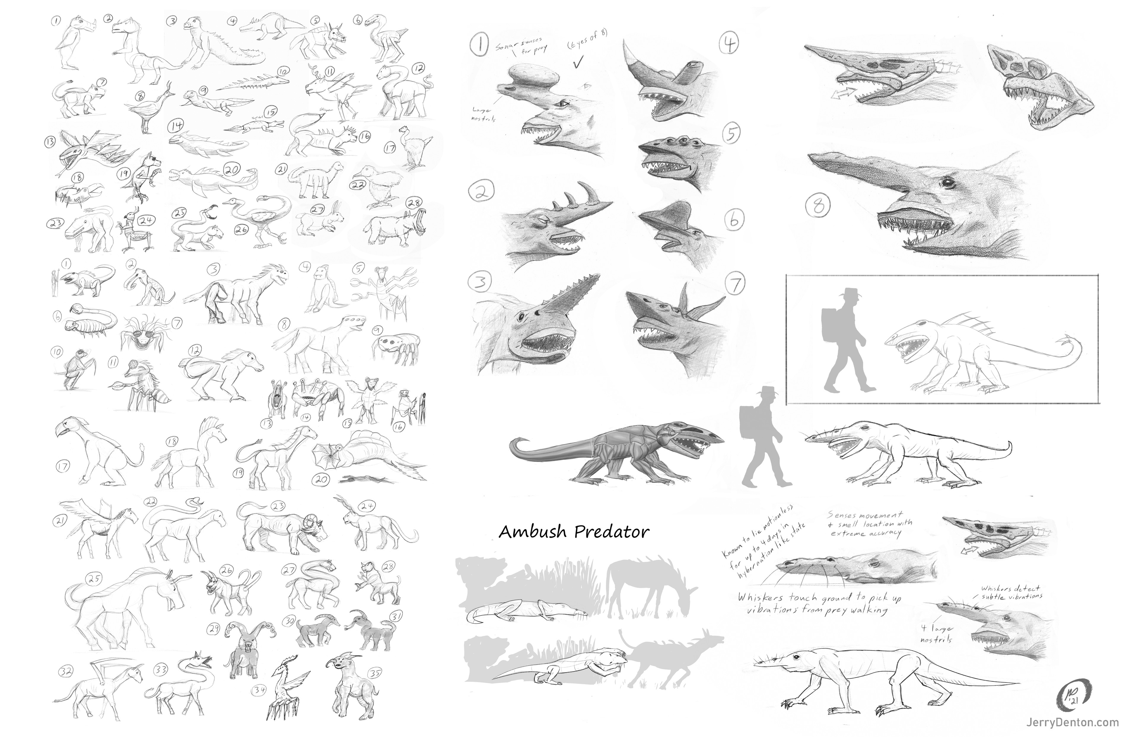 Some of the early exploration work. The design brief for this project was not very specific, so the blue sky phase was very broad and the creature gained life as we went.