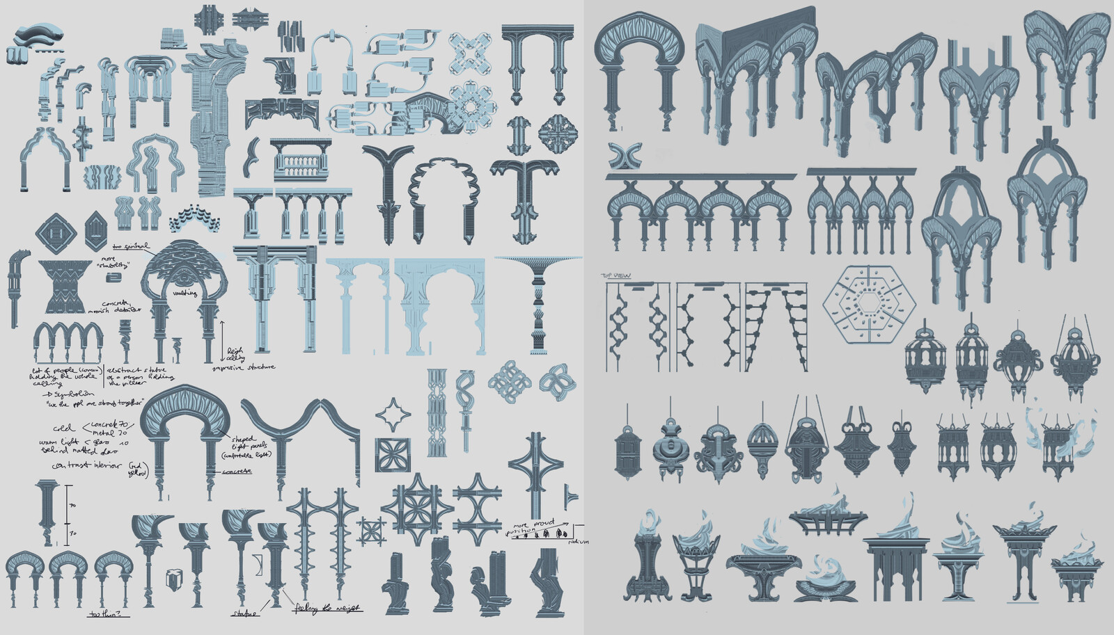 Left: Design exploration / Right: Several sketches for assets used in the scene