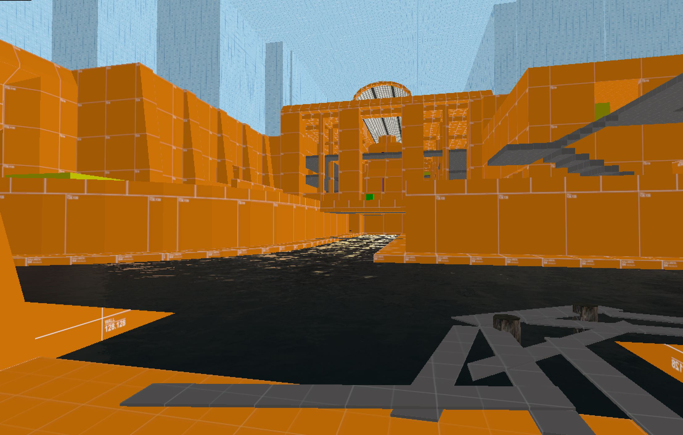 A blockout screenshot of the central exterior location featured in the map.
