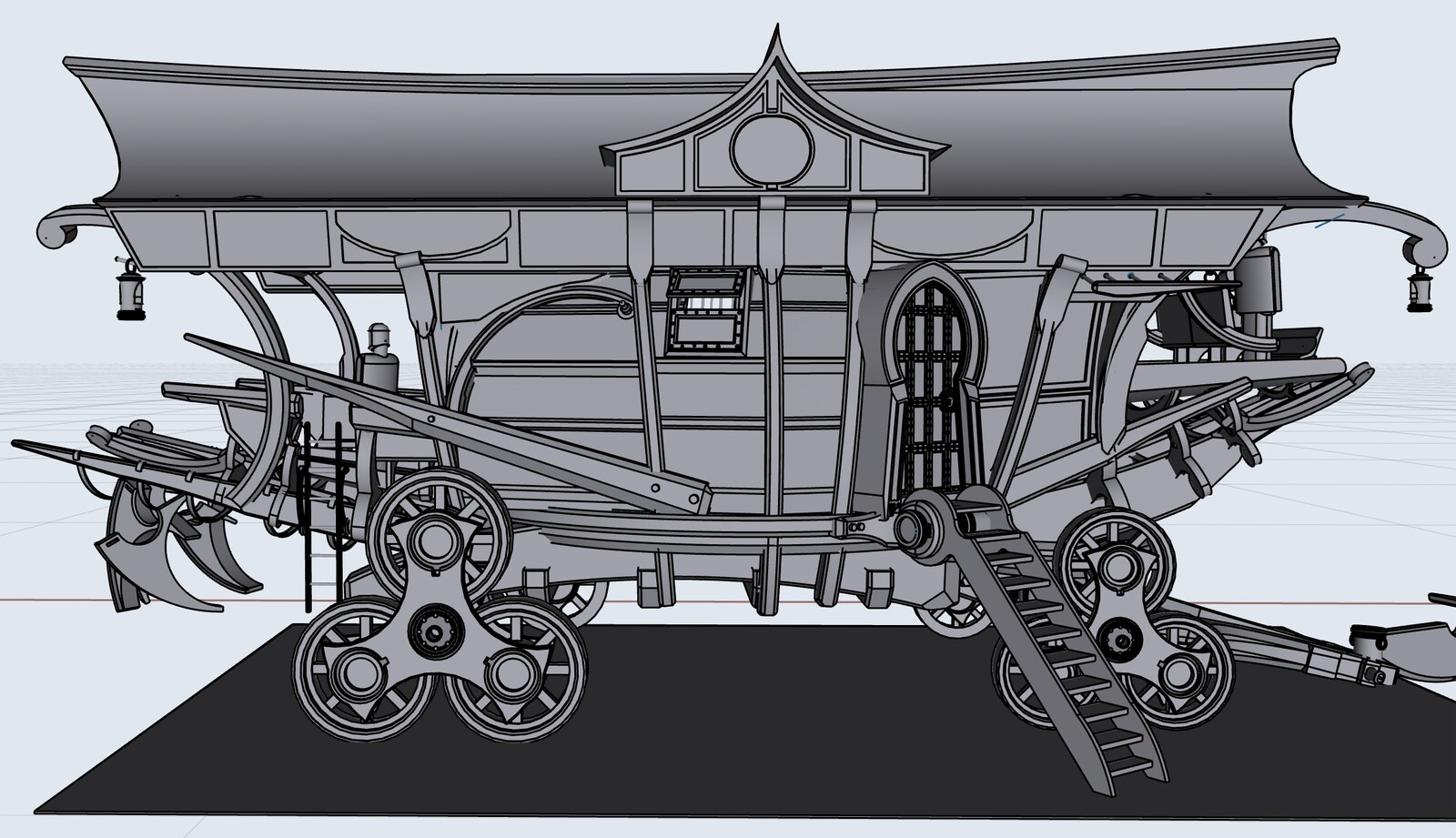 Profile showing steps up to main door into wagon. And wheels with chocks removed to show rough terrain mode.