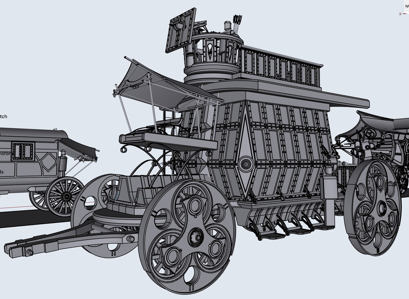The third style. This an armoured transport, whether used as a mobile vault or a prison transport. It has spaces for side and roof mounted guards and two built in ballista positions.