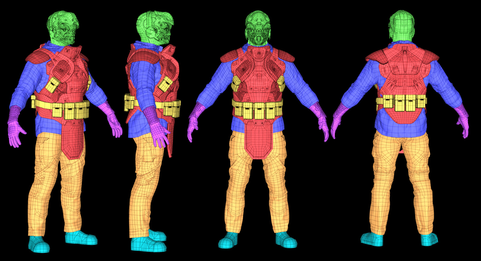 This character was created with cosmetic swapping in mind. The helmet, body armor, jacket, hands, pants, shoes, and accessories all have their own materials and UV sets for simple material swapping.